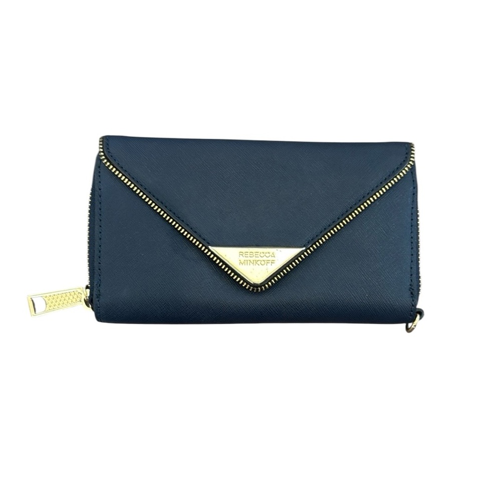 Rebecca Minkoff navy blue gold zipper leather wallet classic 90’s Y2K